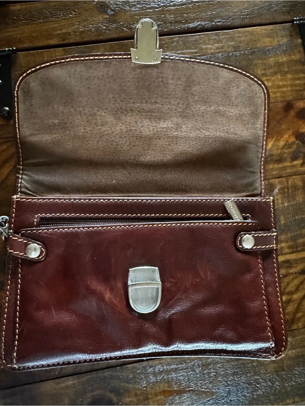 Leather Wristlet Clutch in Deep Brown by Tony Perotti